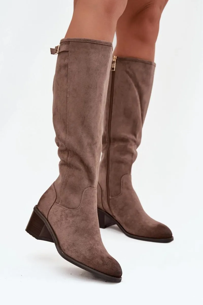 Kozaki Ocieplane|Kozaki Przed Kolano>Buty damskie Vinceza Kozaki Damskie Ocieplane Na Obcasie Ze Złotą Klamrą Vinceza 58589 Ciemnobeżowe