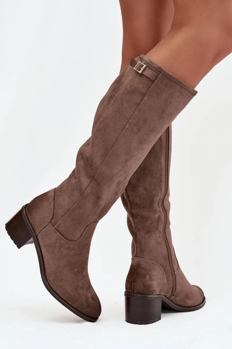 Kozaki Ocieplane|Kozaki Przed Kolano>Buty damskie Vinceza Kozaki Damskie Ocieplane Na Obcasie Ze Złotą Klamrą Vinceza 58589 Ciemnobeżowe