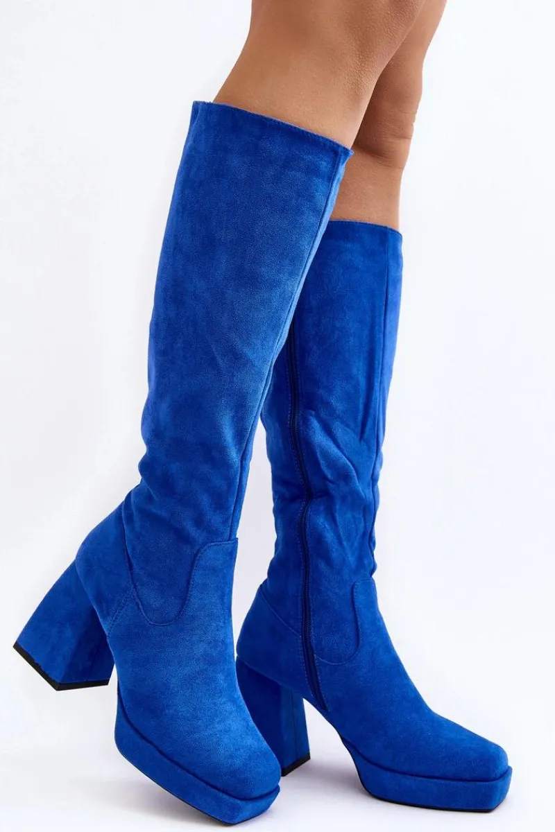 Outlet Kozaki Damskie Ocieplane Na Masywnym Obcasie Niebieski Layala Damskie Kozaki Wiosenne|Kozaki Przed Kolano