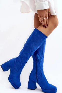 Outlet Kozaki Damskie Ocieplane Na Masywnym Obcasie Niebieski Layala Damskie Kozaki Wiosenne|Kozaki Przed Kolano