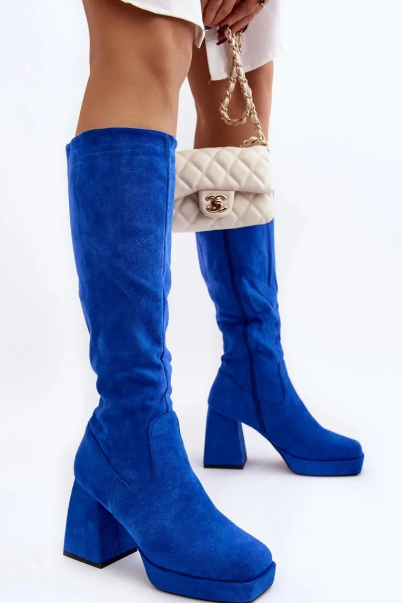 Outlet Kozaki Damskie Ocieplane Na Masywnym Obcasie Niebieski Layala Damskie Kozaki Wiosenne|Kozaki Przed Kolano