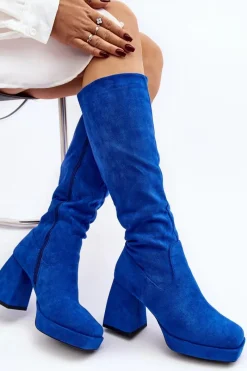 Outlet Kozaki Damskie Ocieplane Na Masywnym Obcasie Niebieski Layala Damskie Kozaki Wiosenne|Kozaki Przed Kolano