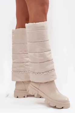 Clearance Boto Kozaki Damskie Ocieplane Z Koralikami Jasnobeżowe Irvette Beżowy
