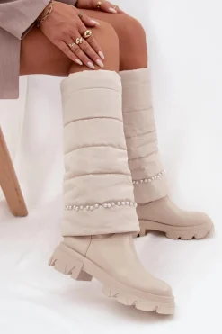 Clearance Boto Kozaki Damskie Ocieplane Z Koralikami Jasnobeżowe Irvette Beżowy