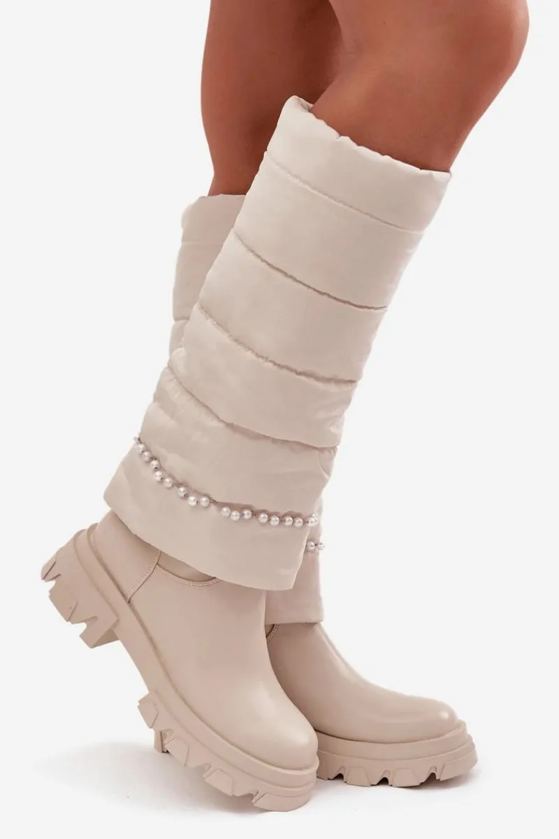 Clearance Boto Kozaki Damskie Ocieplane Z Koralikami Jasnobeżowe Irvette Beżowy