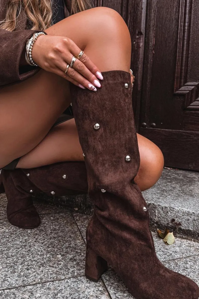 Online Boto Kozaki Damskie Ocieplane Na Słupku Z Ozdobnymi Detalami Czekoladowe Lucinda Brązowy