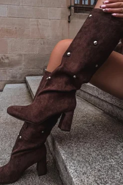 Online Boto Kozaki Damskie Ocieplane Na Słupku Z Ozdobnymi Detalami Czekoladowe Lucinda Brązowy