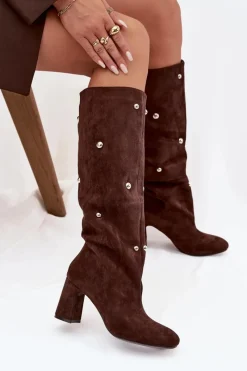 Online Boto Kozaki Damskie Ocieplane Na Słupku Z Ozdobnymi Detalami Czekoladowe Lucinda Brązowy