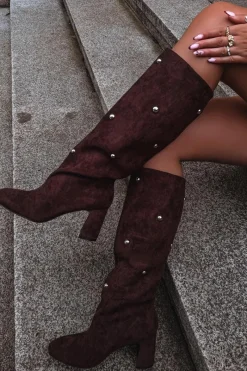 Online Boto Kozaki Damskie Ocieplane Na Słupku Z Ozdobnymi Detalami Czekoladowe Lucinda Brązowy