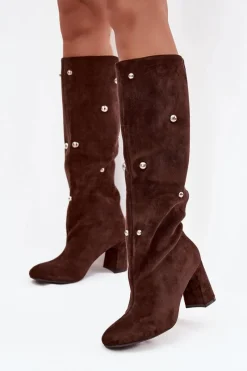 Online Boto Kozaki Damskie Ocieplane Na Słupku Z Ozdobnymi Detalami Czekoladowe Lucinda Brązowy