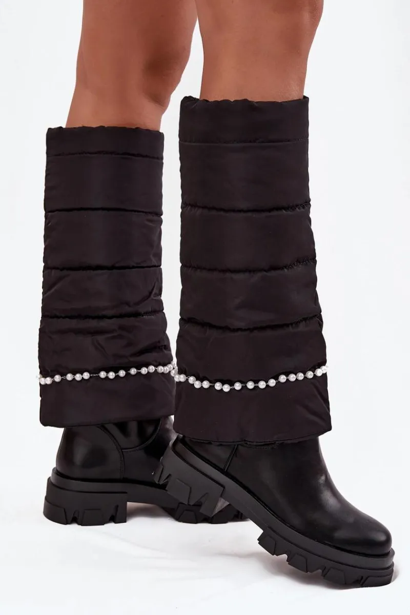 Kozaki Z Wywiniętą Cholewką|Kozaki Płaskie>Boto Kozaki Damskie Ocieplane Z Koralikami Czarne Irvette Czarny