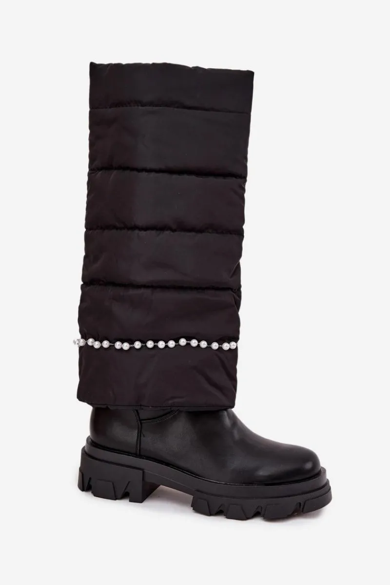 Kozaki Z Wywiniętą Cholewką|Kozaki Płaskie>Boto Kozaki Damskie Ocieplane Z Koralikami Czarne Irvette Czarny