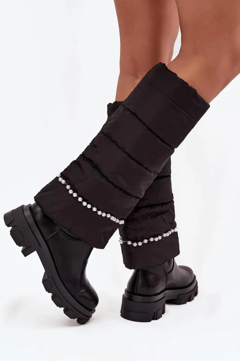 Kozaki Z Wywiniętą Cholewką|Kozaki Płaskie>Boto Kozaki Damskie Ocieplane Z Koralikami Czarne Irvette Czarny