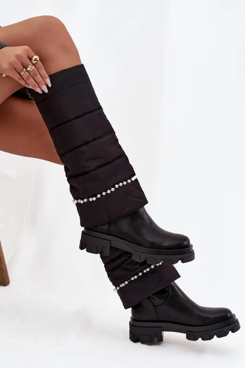 Kozaki Z Wywiniętą Cholewką|Kozaki Płaskie>Boto Kozaki Damskie Ocieplane Z Koralikami Czarne Irvette Czarny