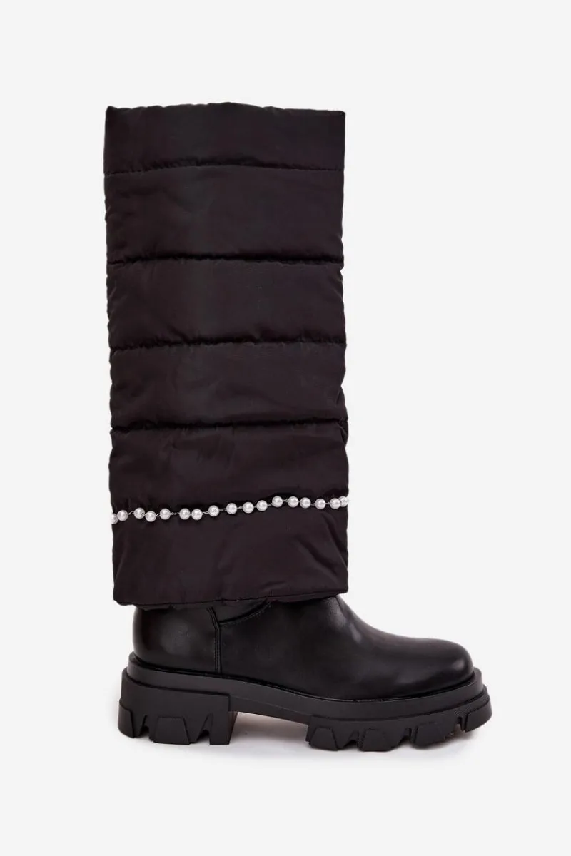 Kozaki Z Wywiniętą Cholewką|Kozaki Płaskie>Boto Kozaki Damskie Ocieplane Z Koralikami Czarne Irvette Czarny