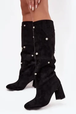 Outlet Kozaki Damskie Ocieplane Na Słupku Z Ozdobnymi Detalami Czarne Lucinda Damskie Kozaki Ocieplane|Kozaki Na Słupku