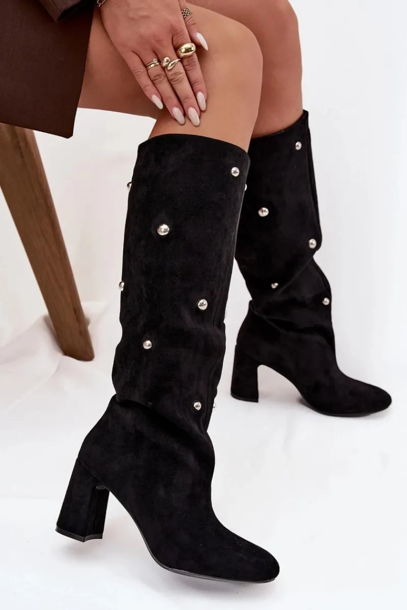 Outlet Kozaki Damskie Ocieplane Na Słupku Z Ozdobnymi Detalami Czarne Lucinda Damskie Kozaki Ocieplane|Kozaki Na Słupku