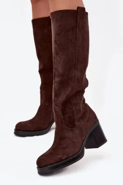 Kozaki Damskie Ocieplane Na Masywnym Słupku Czekoladowe Sanelle Damskie Kozaki Ocieplane|Kozaki Na Słupku