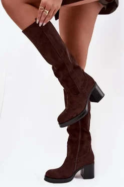 Kozaki Damskie Ocieplane Na Masywnym Słupku Czekoladowe Sanelle Damskie Kozaki Ocieplane|Kozaki Na Słupku