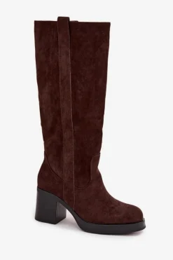 Kozaki Damskie Ocieplane Na Masywnym Słupku Czekoladowe Sanelle Damskie Kozaki Ocieplane|Kozaki Na Słupku