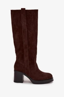 Kozaki Damskie Ocieplane Na Masywnym Słupku Czekoladowe Sanelle Damskie Kozaki Ocieplane|Kozaki Na Słupku