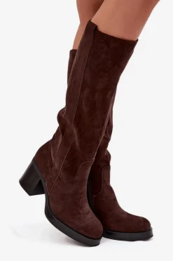 Kozaki Damskie Ocieplane Na Masywnym Słupku Czekoladowe Sanelle Damskie Kozaki Ocieplane|Kozaki Na Słupku