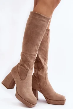 New Boto Kozaki Damskie Ocieplane Na Masywnym Obcasie Beżowe Layala