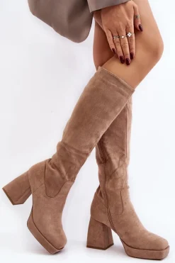 New Boto Kozaki Damskie Ocieplane Na Masywnym Obcasie Beżowe Layala