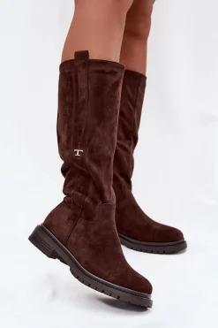 New Kozaki Damskie Ocieplane Na płaskim Obcasie Eko Zamszowe Czekoladowe Delyssa Damskie Kozaki Ocieplane|Kozaki Płaskie