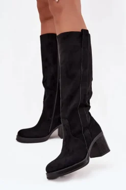 Best Boto Kozaki Damskie Ocieplane Na Masywnym Słupku Czarne Sanelle Czarny