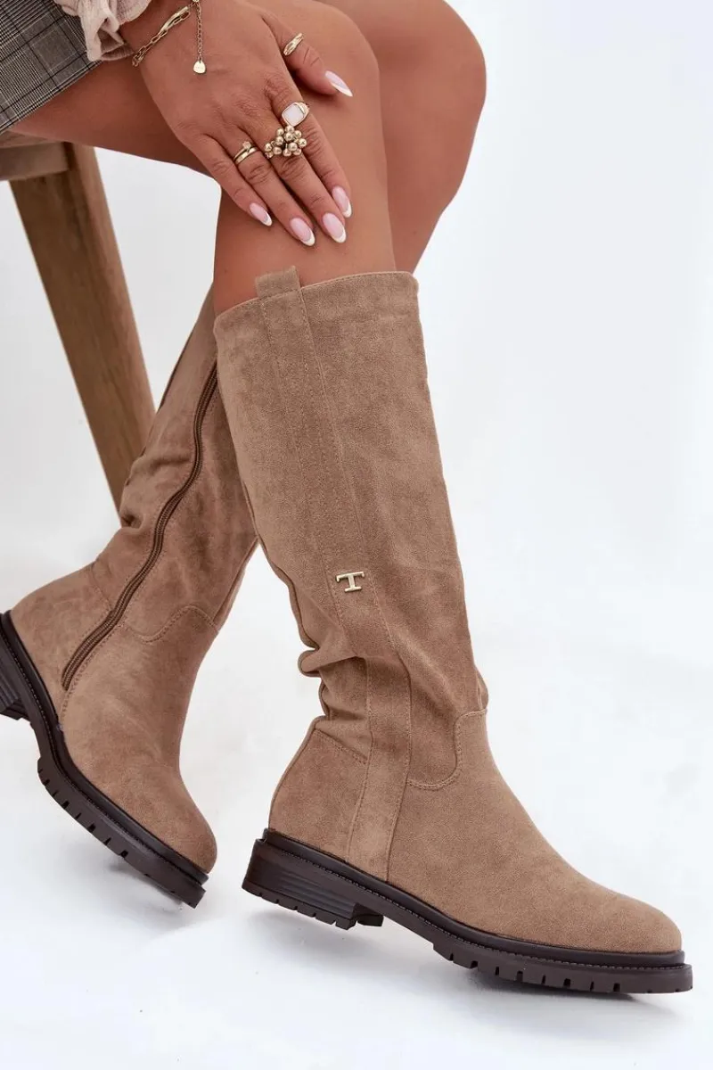 Clearance Boto Kozaki Damskie Ocieplane Na płaskim Obcasie Eko Zamszowe Ciemnobeżowe Delyssa