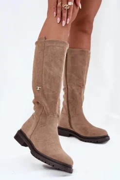 Clearance Boto Kozaki Damskie Ocieplane Na płaskim Obcasie Eko Zamszowe Ciemnobeżowe Delyssa