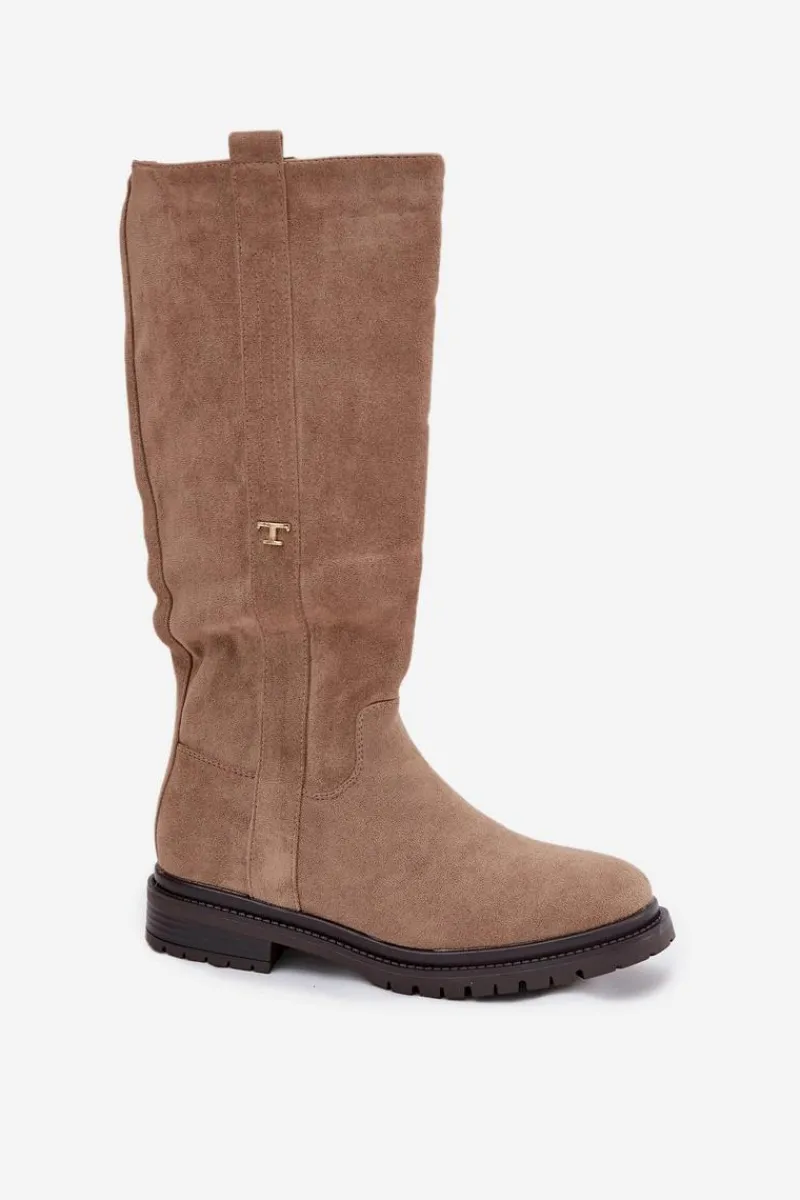 Clearance Boto Kozaki Damskie Ocieplane Na płaskim Obcasie Eko Zamszowe Ciemnobeżowe Delyssa