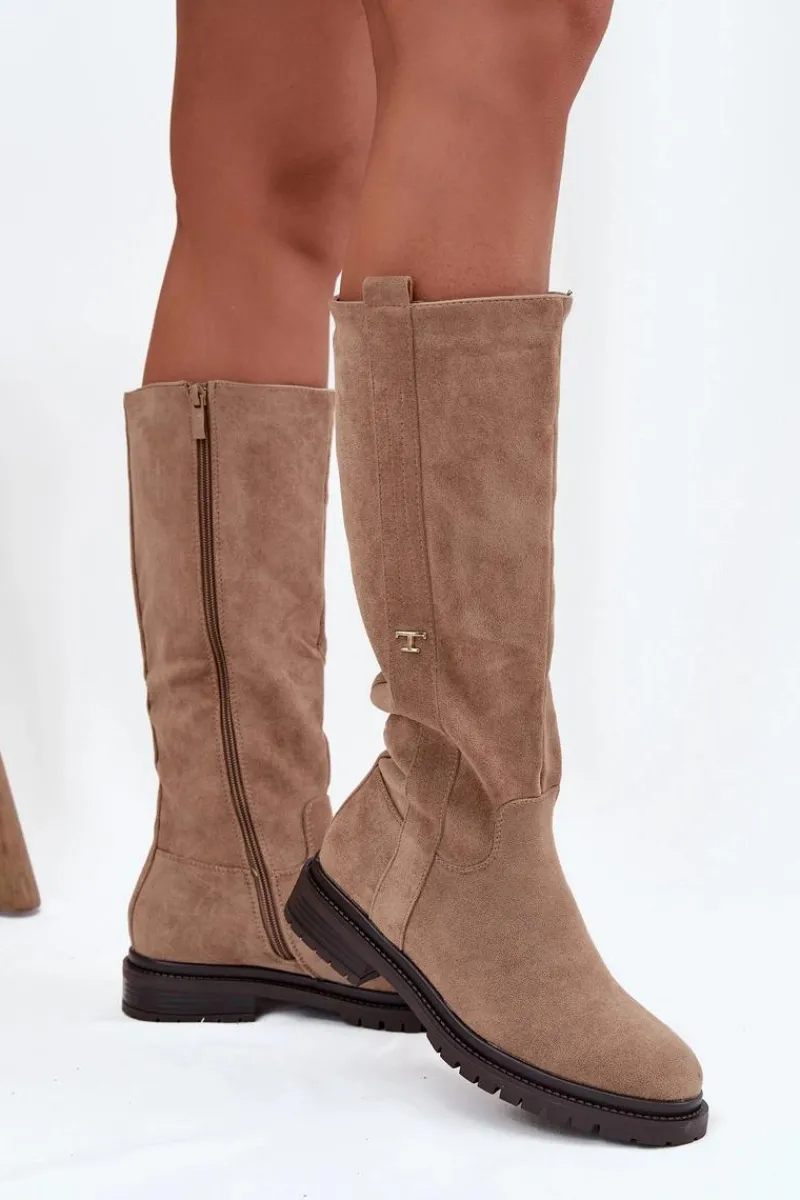 Clearance Boto Kozaki Damskie Ocieplane Na płaskim Obcasie Eko Zamszowe Ciemnobeżowe Delyssa