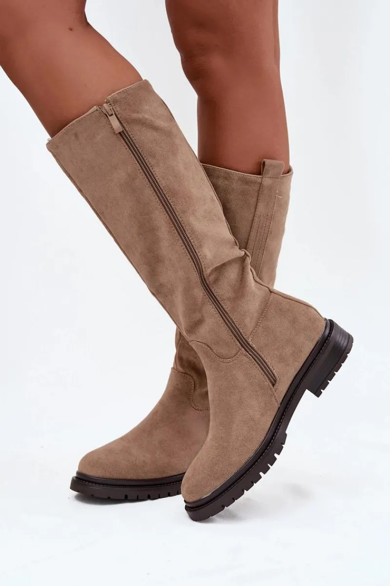 Clearance Boto Kozaki Damskie Ocieplane Na płaskim Obcasie Eko Zamszowe Ciemnobeżowe Delyssa