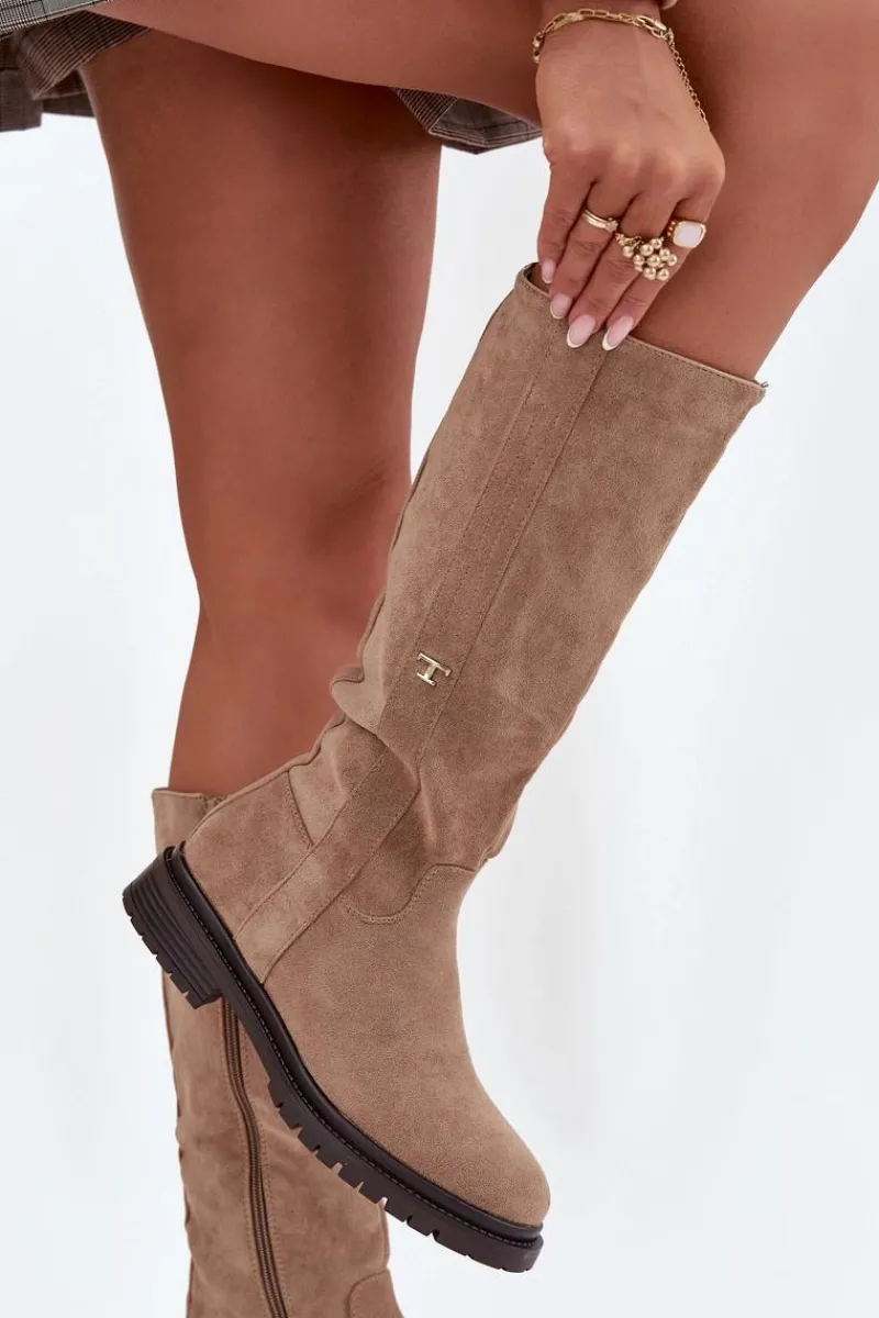 Clearance Boto Kozaki Damskie Ocieplane Na płaskim Obcasie Eko Zamszowe Ciemnobeżowe Delyssa