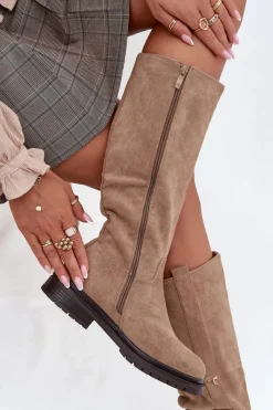 Clearance Boto Kozaki Damskie Ocieplane Na płaskim Obcasie Eko Zamszowe Ciemnobeżowe Delyssa