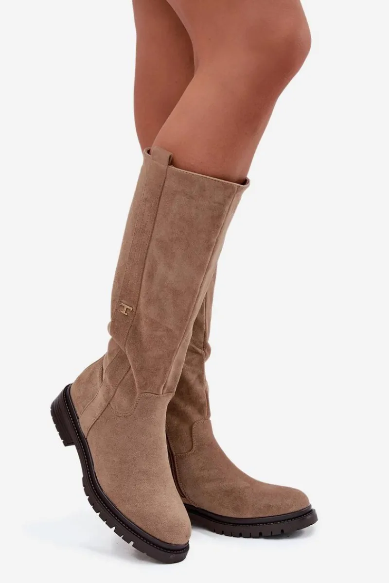 Clearance Boto Kozaki Damskie Ocieplane Na płaskim Obcasie Eko Zamszowe Ciemnobeżowe Delyssa