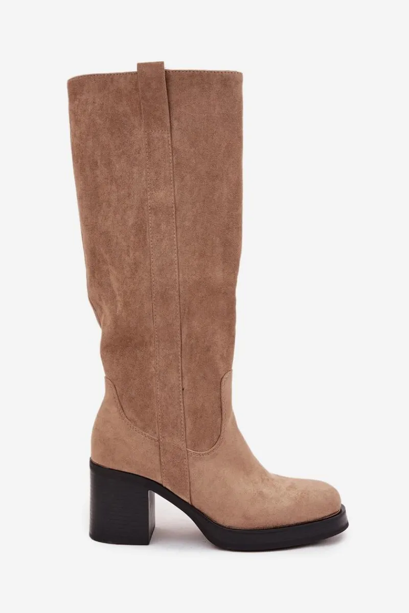 Kozaki Ocieplane|Kozaki Na Słupku>Boto Kozaki Damskie Ocieplane Na Masywnym Słupku Beżowe Sanelle Beżowy