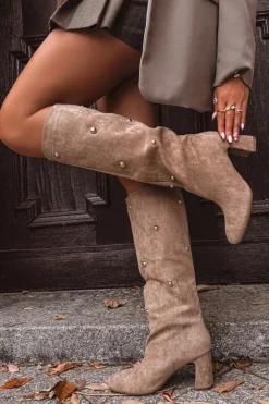 Kozaki Ocieplane|Kozaki Na Słupku>Boto Kozaki Damskie Ocieplane Na Słupku Z Ozdobnymi Detalami Beżowe Lucinda Beżowy