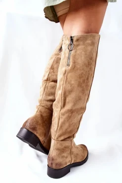 Outlet Kozaki Damskie Płaskie Zamszowe Beżowe Ardmore Damskie Kozaki Wiosenne|Kozaki Na Obcasie