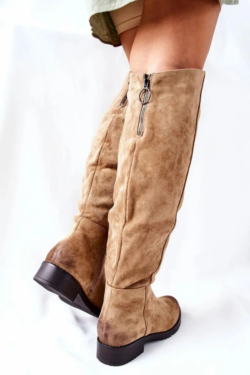 Outlet Kozaki Damskie Płaskie Zamszowe Beżowe Ardmore Damskie Kozaki Wiosenne|Kozaki Na Obcasie