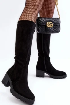 Clearance Boto Kozaki Damskie Przed Kolano Na Niskim Obcasie Czarne Beveta