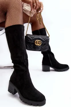 Clearance Boto Kozaki Damskie Przed Kolano Na Niskim Obcasie Czarne Beveta