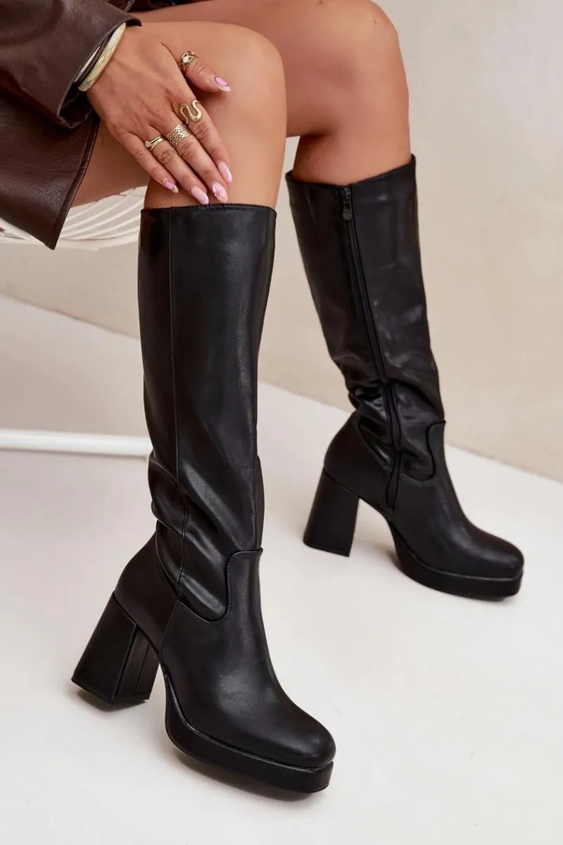 Clearance Boto Kozaki Damskie Przed Kolano Na Zamek Obcas Słupek Czarne Selvia Czarny