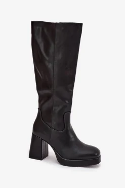 Clearance Boto Kozaki Damskie Przed Kolano Na Zamek Obcas Słupek Czarne Selvia Czarny