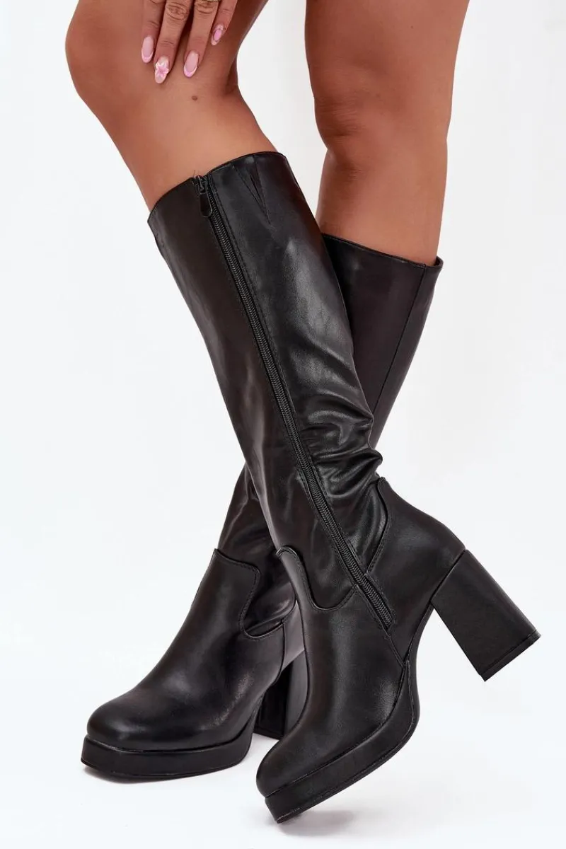 Clearance Boto Kozaki Damskie Przed Kolano Na Zamek Obcas Słupek Czarne Selvia Czarny