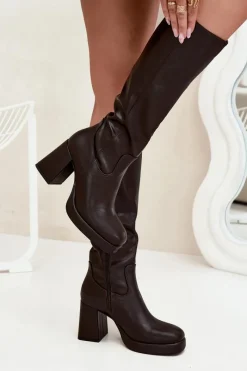 Outlet Kozaki Damskie Przed Kolano Na Zamek Obcas Słupek Czekoladowe Selvia Damskie Kozaki Ocieplane|Kozaki Na Słupku