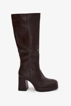 Outlet Kozaki Damskie Przed Kolano Na Zamek Obcas Słupek Czekoladowe Selvia Damskie Kozaki Ocieplane|Kozaki Na Słupku
