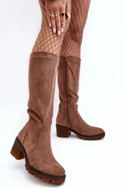 Sale Boto Kozaki Damskie Przed Kolano Na Niskim Obcasie Brązowe Beveta Brązowy